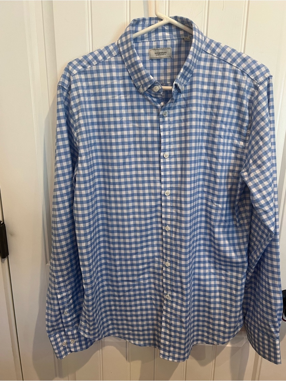 Savannah blue white gingham LS Large soft Tencel stretch preppy